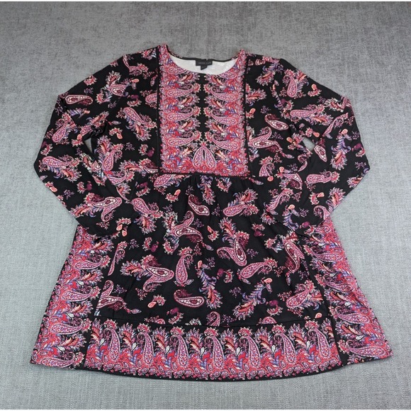 J Jill Wearever Collection Top Womens L Black Pink Paisley Tunic Preppy Boho - Picture 2 of 7
